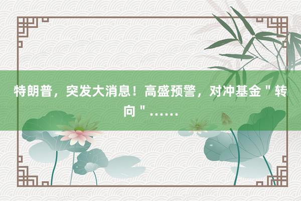 特朗普，突发大消息！高盛预警，对冲基金＂转向＂……