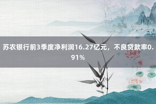 苏农银行前3季度净利润16.27亿元，不良贷款率0.91%