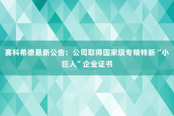 赛科希德最新公告：公司取得国家级专精特新“小巨人”企业证书